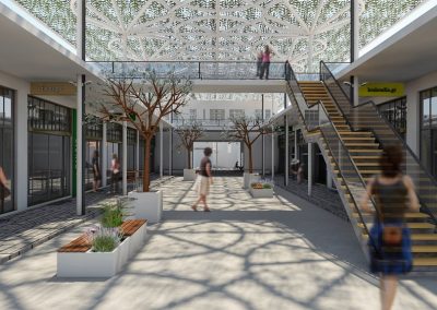 Public market with treetop shadow